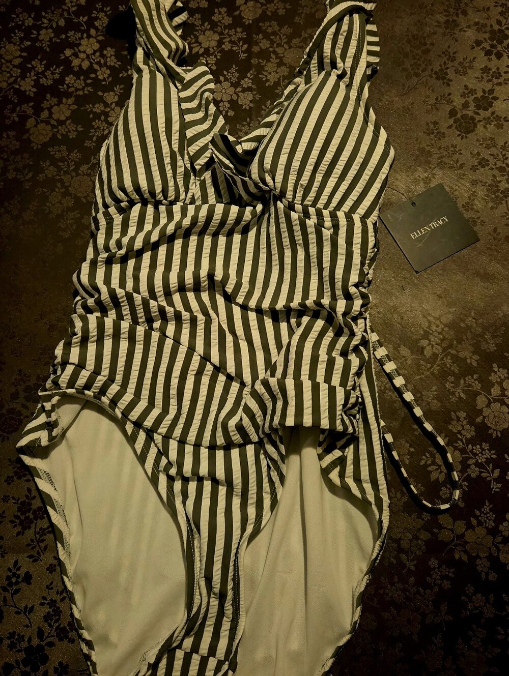 Ellen Tracy Olive Green & White Striped One-Piece Swimsuit – Size 10 – NWT